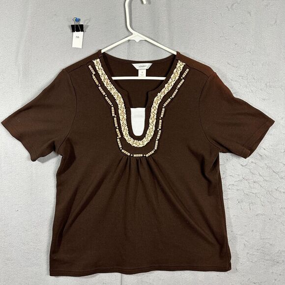CJ Banks Womens Short Sleeve Top Blouse Brown V Neck Pullover Plus Size X - Picture 1 of 12